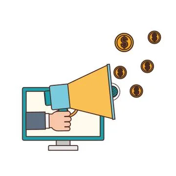 Hand with megaphone and computer screen Stock Illustration