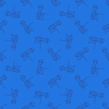 Hand with Mic outline vector blue seamless pattern Stock Illustration