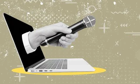 Hand with microphone emerging from laptop screen on abstract beige background Stock Illustration