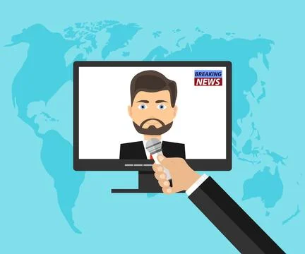 A hand with a microphone interviews a person from the computer. News Service. Stock Illustration