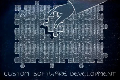 Hand with missing puzzle piece with binary code, custom software Stock-Illustration
