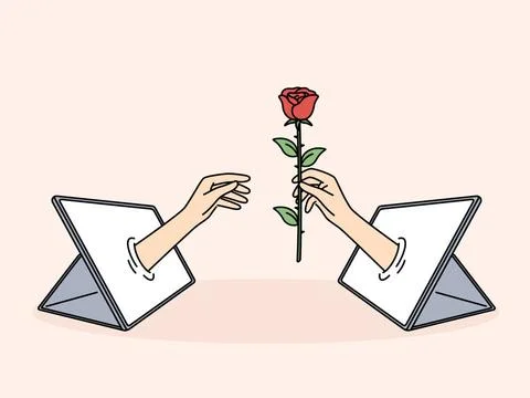 Hand mit Rose in Tablet ist Metapher für Online-Beziehungen und Dating mit.. Foto stock