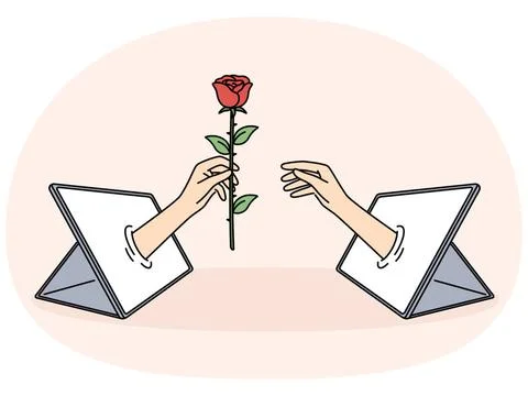 Hand mit Rose in Tablet ist Metapher für Online-Beziehungen und Dating mit.. Stock Photos