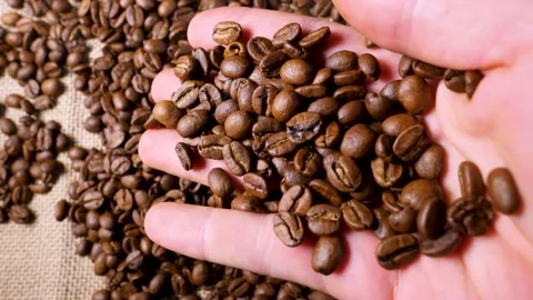 Hand mixing roasted coffee beans. Slow motion of arabica coffee seeds. Stockbeeldmateriaal 154207063