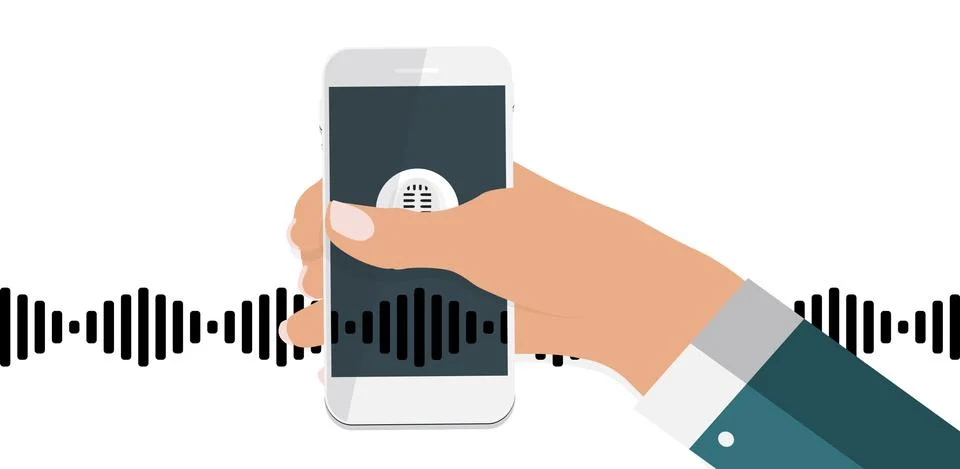 Hand with mobile phone with microphone button and intelligent technologies in Stock Illustration