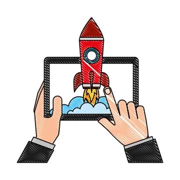 Hand with mobile rocket launch success business Stock Illustration
