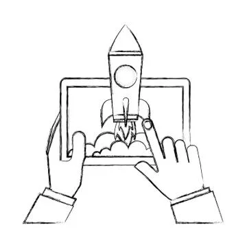 Hand with mobile rocket launch success business Stock Illustration