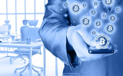 Hand with mobile smart phone and bitcoin symbol Stock Illustration