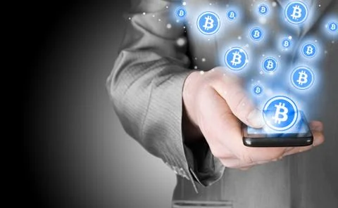 Hand with mobile smart phone and bitcoin symbol Stock Illustration