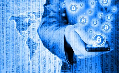 Hand with mobile smart phone and bitcoin symbol Illustrazione stock