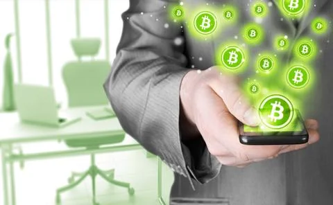 Hand with mobile smart phone and bitcoin symbol Stock Illustration
