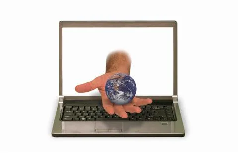 Hand with model of the  earth reaching out of laptop display Foto stock