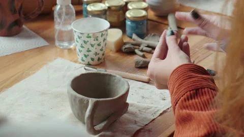 Hand modeling of clay ceramics, pottery workshop Stock Footage 230968652
