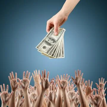 Hand with money on a blue background Money background - American dollars Stock-Fotos