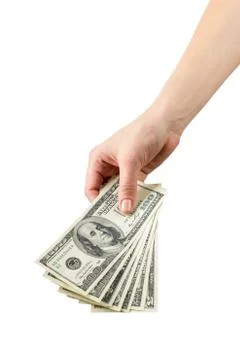 Hand with money isolated on a white background Stock Photos