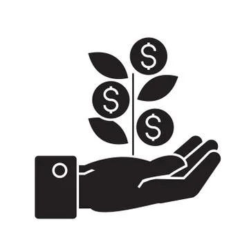 Hand with money tree black vector concept icon. Hand with money tree flat Stock Illustration