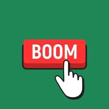Hand Mouse Cursor Clicks the Boom Button. Pointer Push Press Button Concept. Stock Illustration