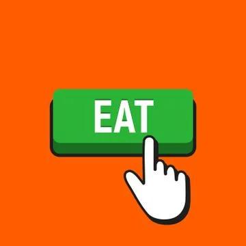 Hand Mouse Cursor Clicks the Eat Button. Pointer Push Press Button Concept. Stock Illustration