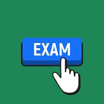 Hand Mouse Cursor Clicks the Exam Button. Pointer Push Press Button Concept. Stock Illustration