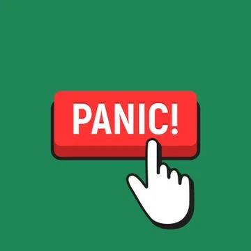 Hand Mouse Cursor Clicks the Panic Button. Pointer Push Press Button Concept. 스톡 일러스트