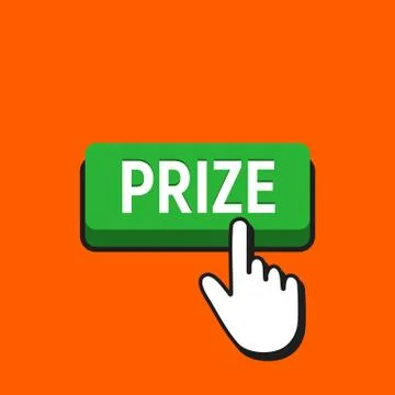 Hand Mouse Cursor Clicks the Prize Button. Pointer Push Press Button Concept. Stock Illustration