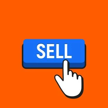 Hand Mouse Cursor Clicks the Sell Button. Pointer Push Press Button Concept. Stock Illustration