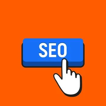 Hand Mouse Cursor Clicks the SEO Button. Pointer Push Press Button Concept. Stock Illustration