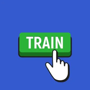 Hand Mouse Cursor Clicks the Train Button. Pointer Push Press Button Concept. Stock Illustration