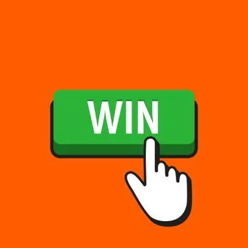 Hand Mouse Cursor Clicks the Win Button. Pointer Push Press Button Concept. Stock Illustration