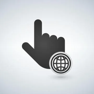 Hand mouse cursor with globe icon in the circle. Isolated vector illustration Illustrazione stock