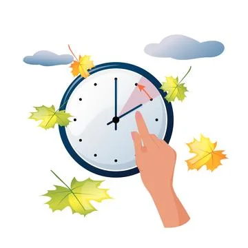 The hand moves the clock hands to winter time. Turning to winter time, autumn Illustrazione stock