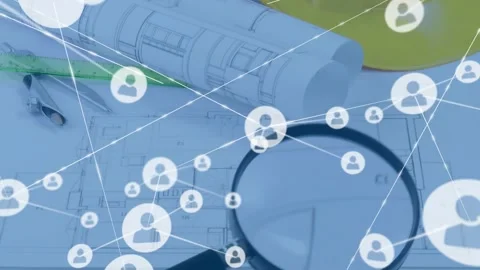Hand moving lens over plan avatar popping near lens sparking network expansion Stock Footage 331062793