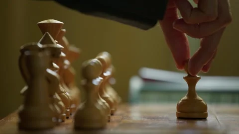 Hand Moving Pawn and Pressing Chess Clock First Move of Chess Game Close Up Видео 346104844