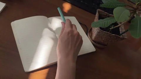 Hand moving pen across open notebook under shifting sunlight Stock Footage 336234222