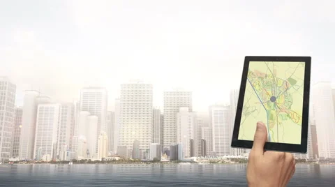 Hand Navigates In The City With Digital Tablet Stock Footage 66199011