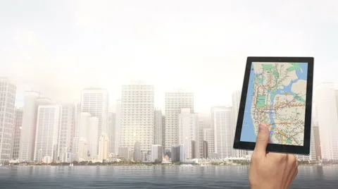 Hand Navigates In The City With Digital Tablet Stock Footage 66199025