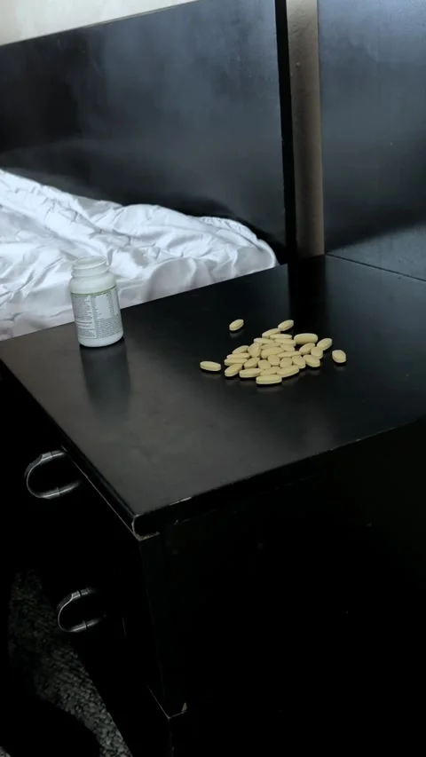 Hand Near Pill Bottle on Bedside Table Stock Footage 340340971