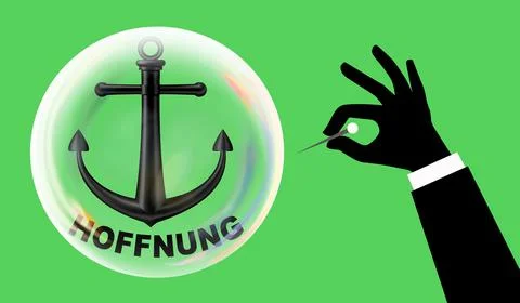 Hand with a needle raised to a soap bubble. Soap bubble with hope symbol that Stock Illustration