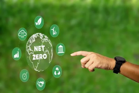 Hand with net zero environmental icons CO2 emission reduction icons global .. Stock Photos