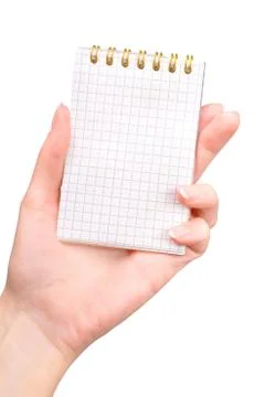 Hand with notebook on white with clipping path Foto stock