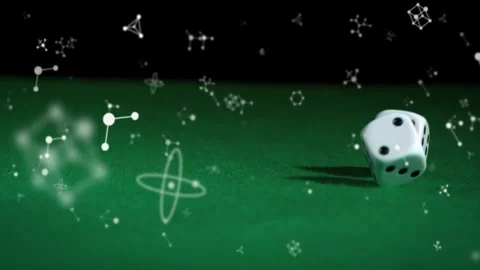 Hand nudging dice, white die rolling across green felt, molecular graphics Stock Footage 328347699