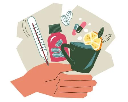 Hand offering cold and flu remedies, vector illustration isolated on white. Illustrazione stock