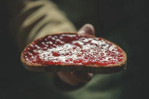 Hand offering a delicious slice of rustic bread covered with sweet homemade s Stock Photos