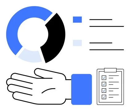 Hand Offering Support with Pie Chart and Checklist to Represent Assistance .. 스톡 일러스트