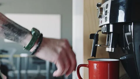 Hand of Office Worker Pressing Button on Coffee Machine while Making Drink Stock Footage 275071256