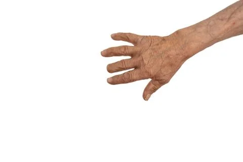 Hand of an old man with a missing middle finger phalanx on the white background Stock Photos