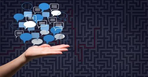 Hand open with 3D chat bubble icons Stock Photos