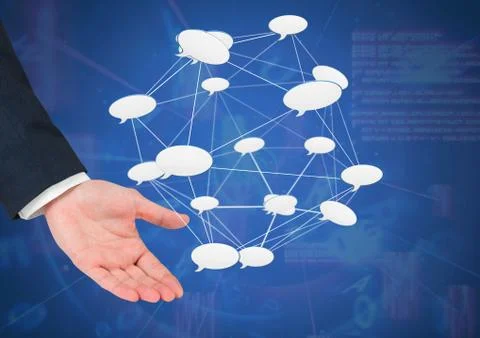 Hand open with 3D chat bubble connected icons Stock Photos