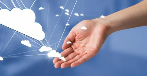 Hand open with 3D cloud connected icons Stockfoto's