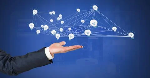 Hand open with 3D connected light bulb idea icons Stock Photos